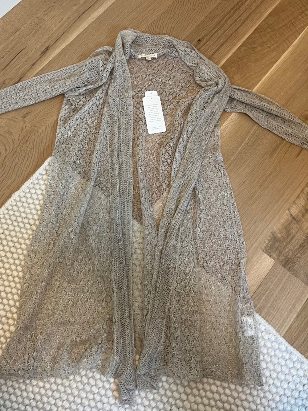 Eileen Fisher Long Lean Linen Silk Lace Simple Cardigan Sz XS